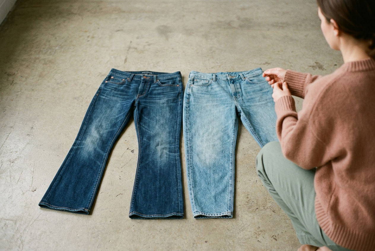 Curved and softly tapered barrel-leg jeans laid flat side by side, showing their different seams and hems.