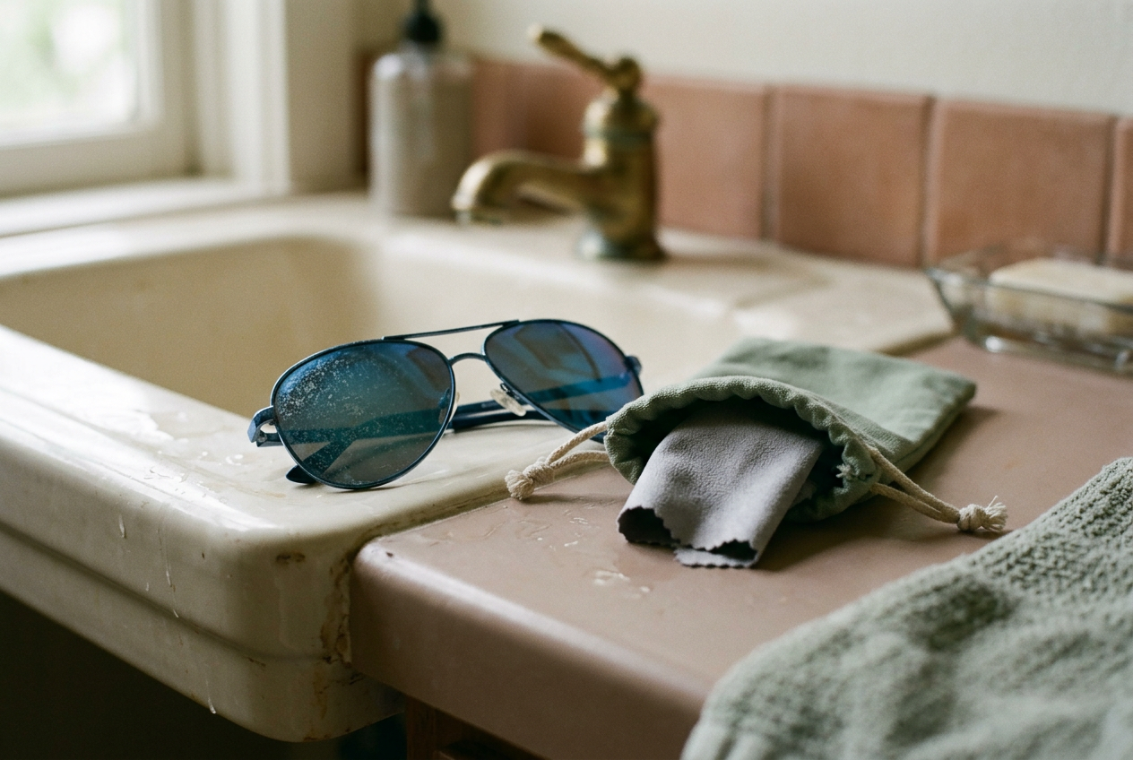 Blue-mirrored sunglasses beside a sealed microfiber cloth, with dried salt visible on one lens.