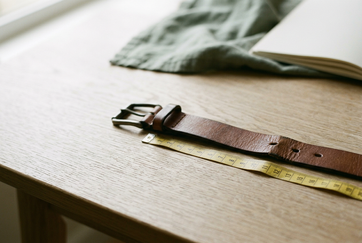 Brown leather belt laid flat beside a tape measure, with the buckle-to-third-hole distance marked.