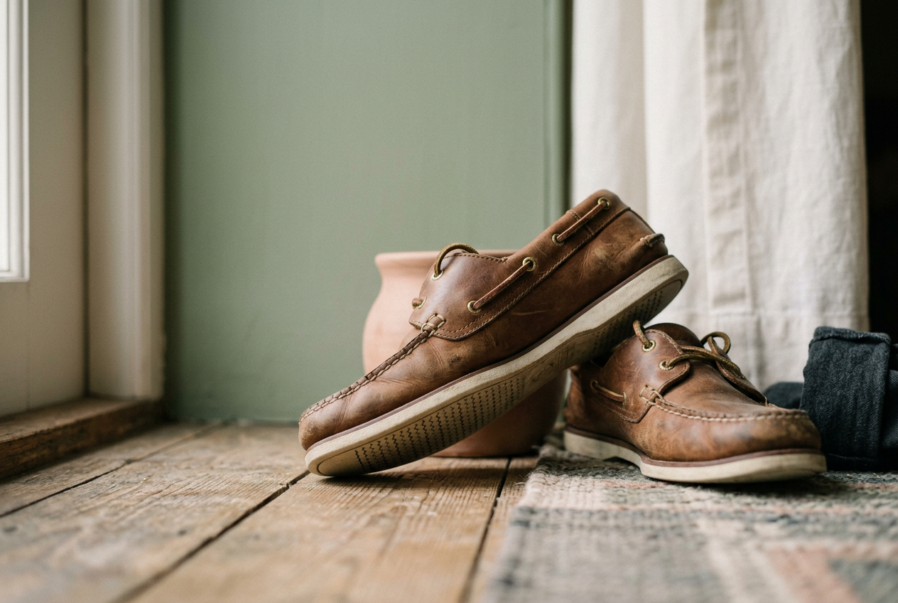 Brown leather boat shoe turned on its side to show narrow siping cuts across the white rubber sole.