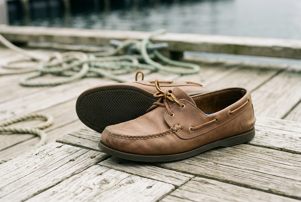 Brown leather boat shoe turned on its side to show a siped rubber sole and wraparound rawhide lace.