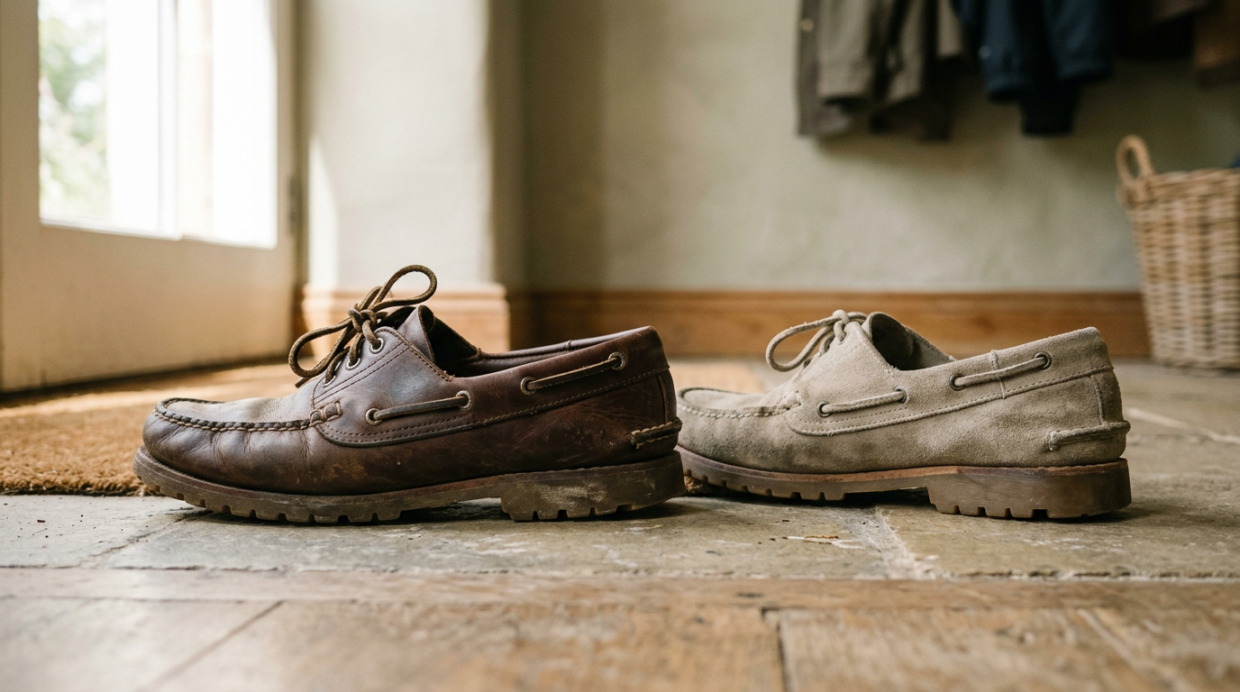 Brown leather boat shoe beside a pale suede version, showing collar laces, apron seams, and contrasting rubber soles.