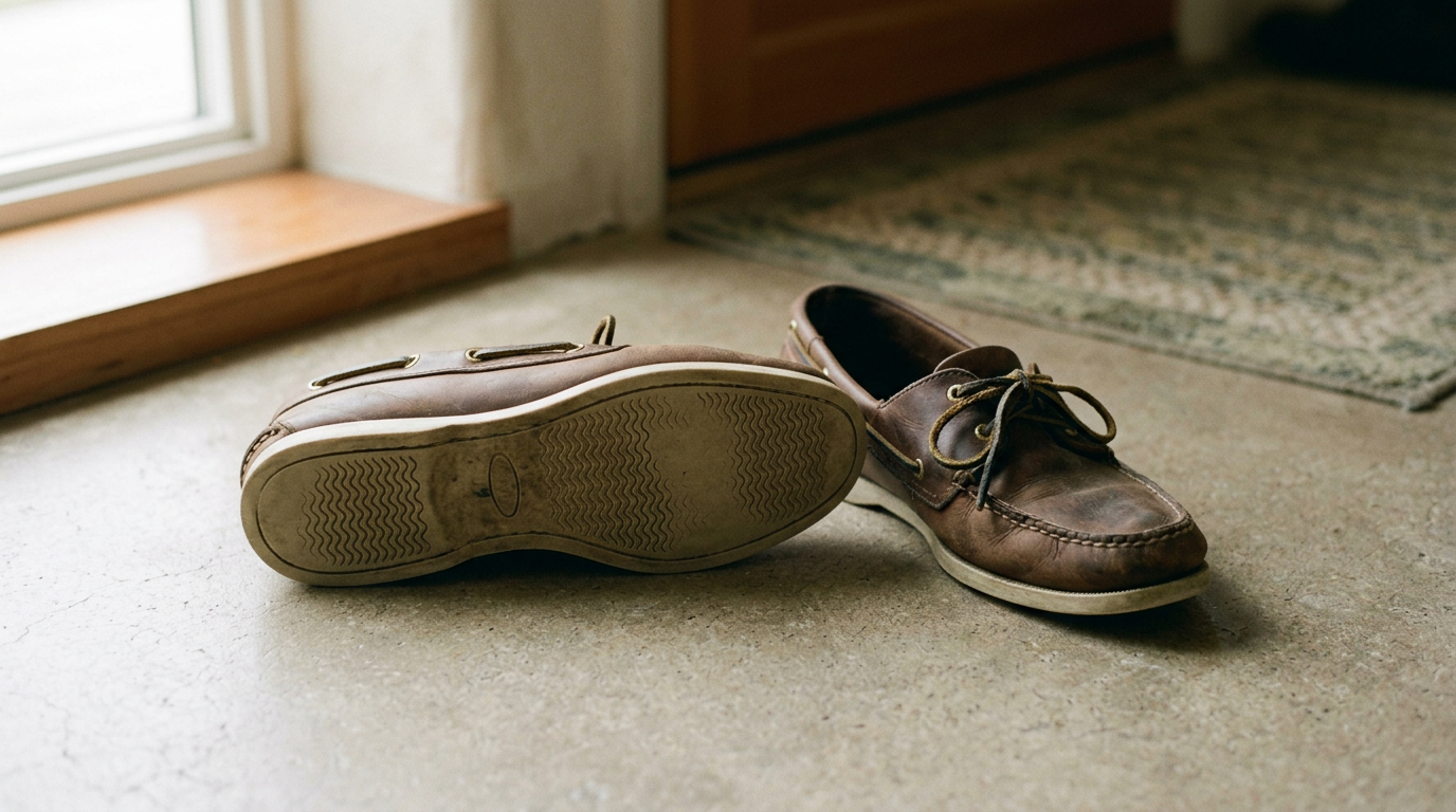 Brown leather boat shoe turned sole-up to show deep siping, rawhide collar lacing and the stitched toe seam.