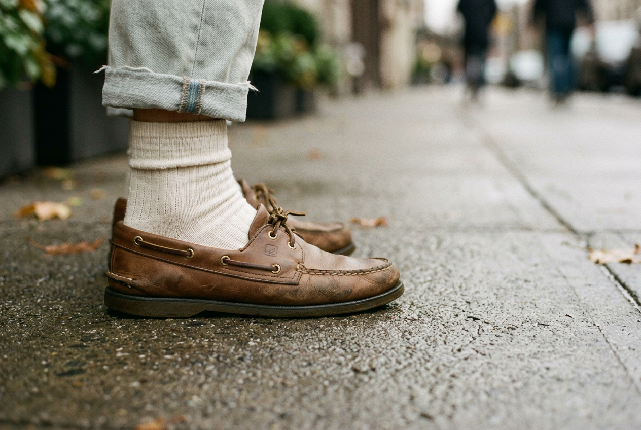 Brown leather boat shoes with siped rubber soles beside cream ribbed socks on a city sidewalk.