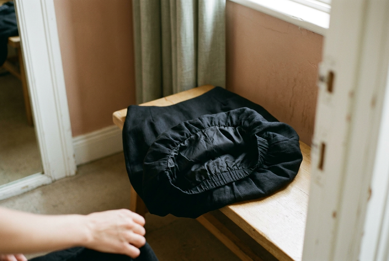 Close view of a black bubble-hem skirt turned partly inside out to show its short lining and elastic hem.
