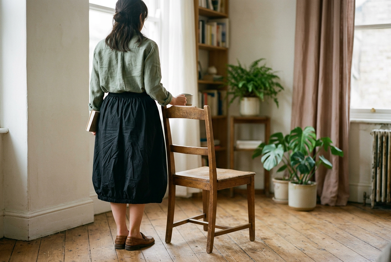 Black bubble-hem skirt shown from the back after sitting, with visible creasing across the cotton-poplin shell.