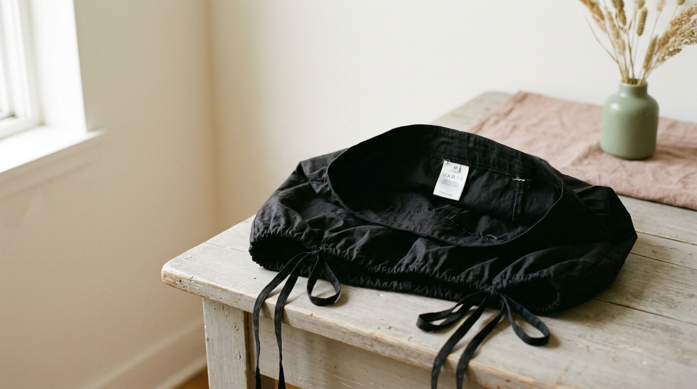Inside view of a black cotton bubble skirt showing four ribbons tied between the outer hem and lining.