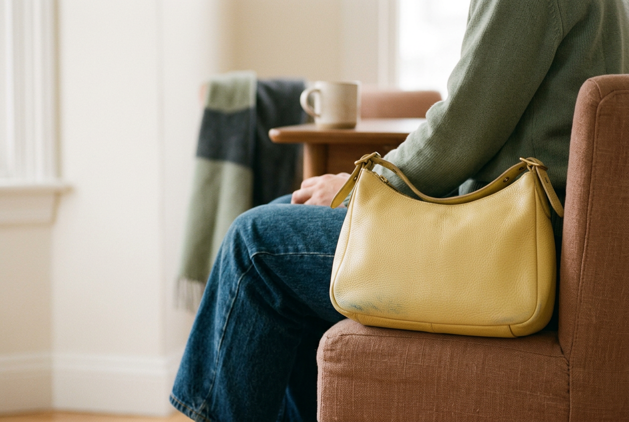 Butter-yellow leather shoulder bag beside dark indigo jeans, showing a faint blue mark on one lower corner.