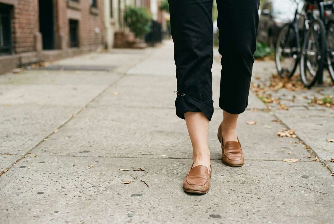 Black cotton-twill capri pants with the hem pinned just below the widest part of the calf, worn with leather loafers.