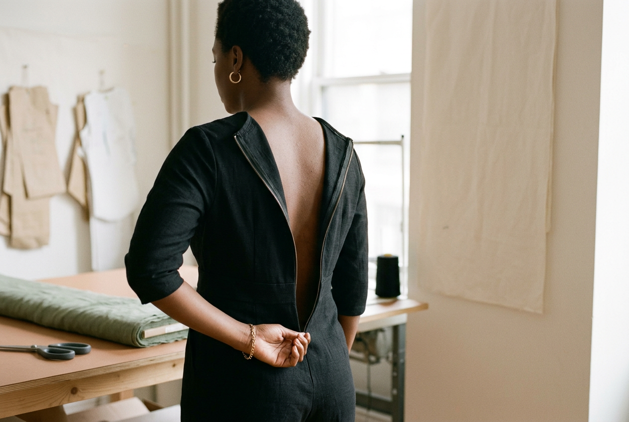 Open-back black jumpsuit showing its fixed waist seam and center zipper during a torso-length fitting.