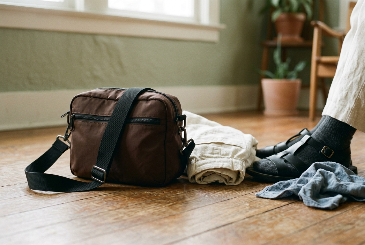 Chocolate-brown nylon shoulder bag beside black sandals, cream trousers, and a soft cloth used to remove sunscreen marks.
