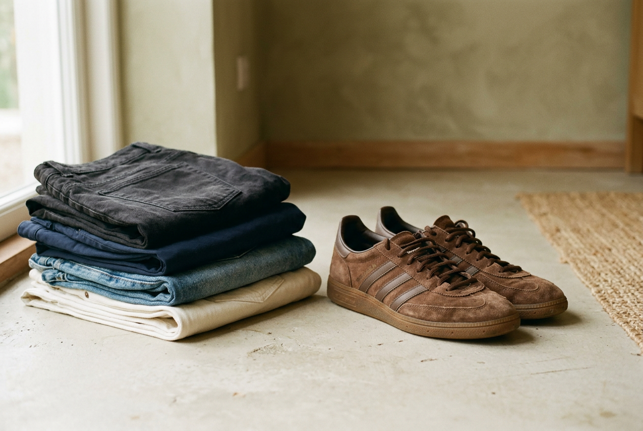 Brown suede Adidas Handball Spezial sneakers beside black trousers, faded jeans, navy cotton, and cream denim.