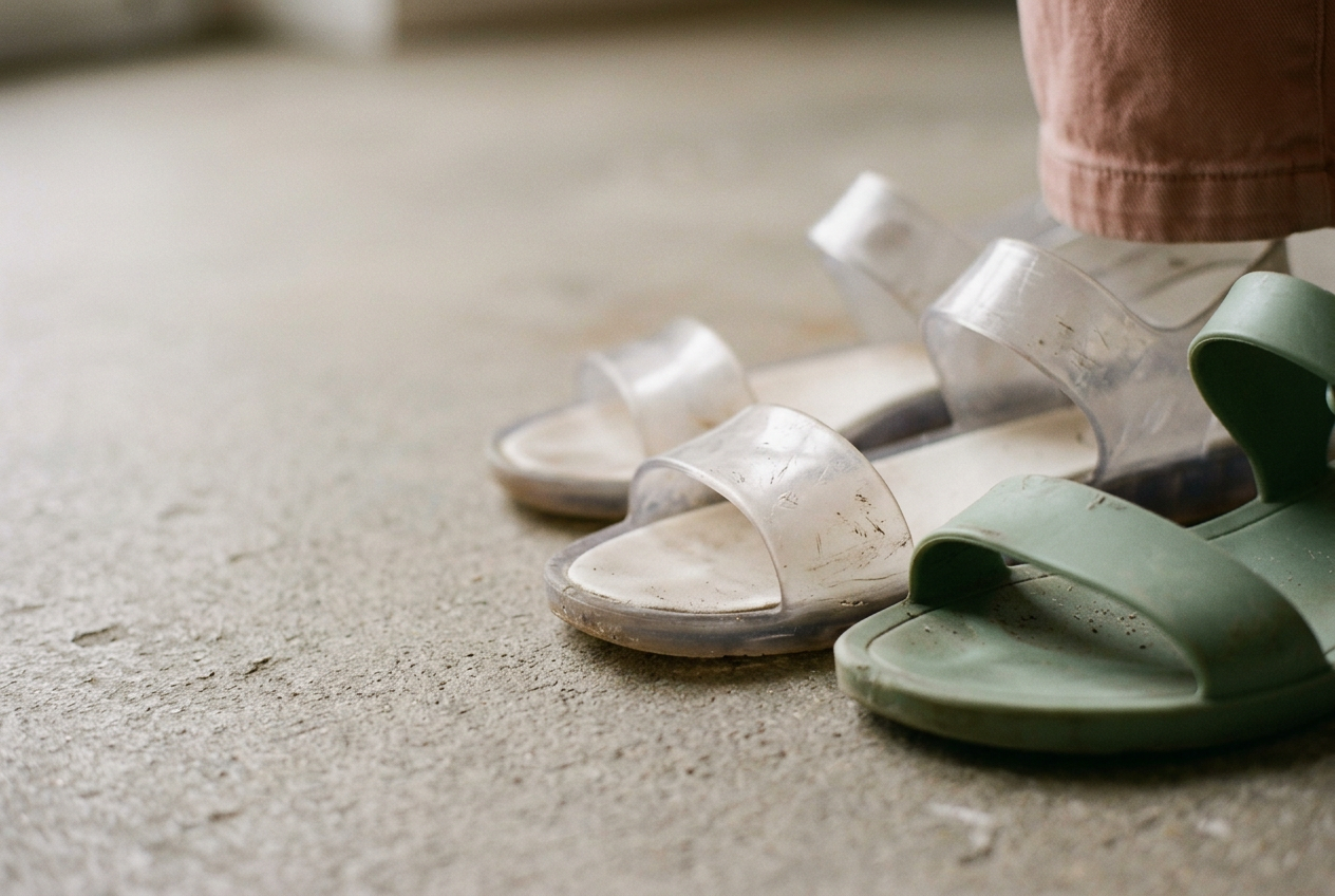 Clear and opaque PVC jelly sandals side by side, showing haze and scuffs across the forefoot straps.