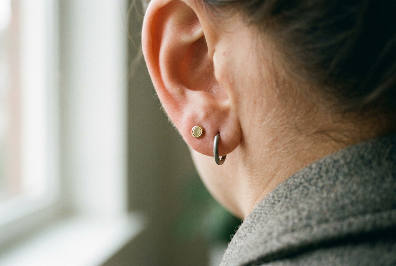 Close view of a 4 mm gold bezel stud beside a slim titanium huggie in two closely spaced lobe piercings.