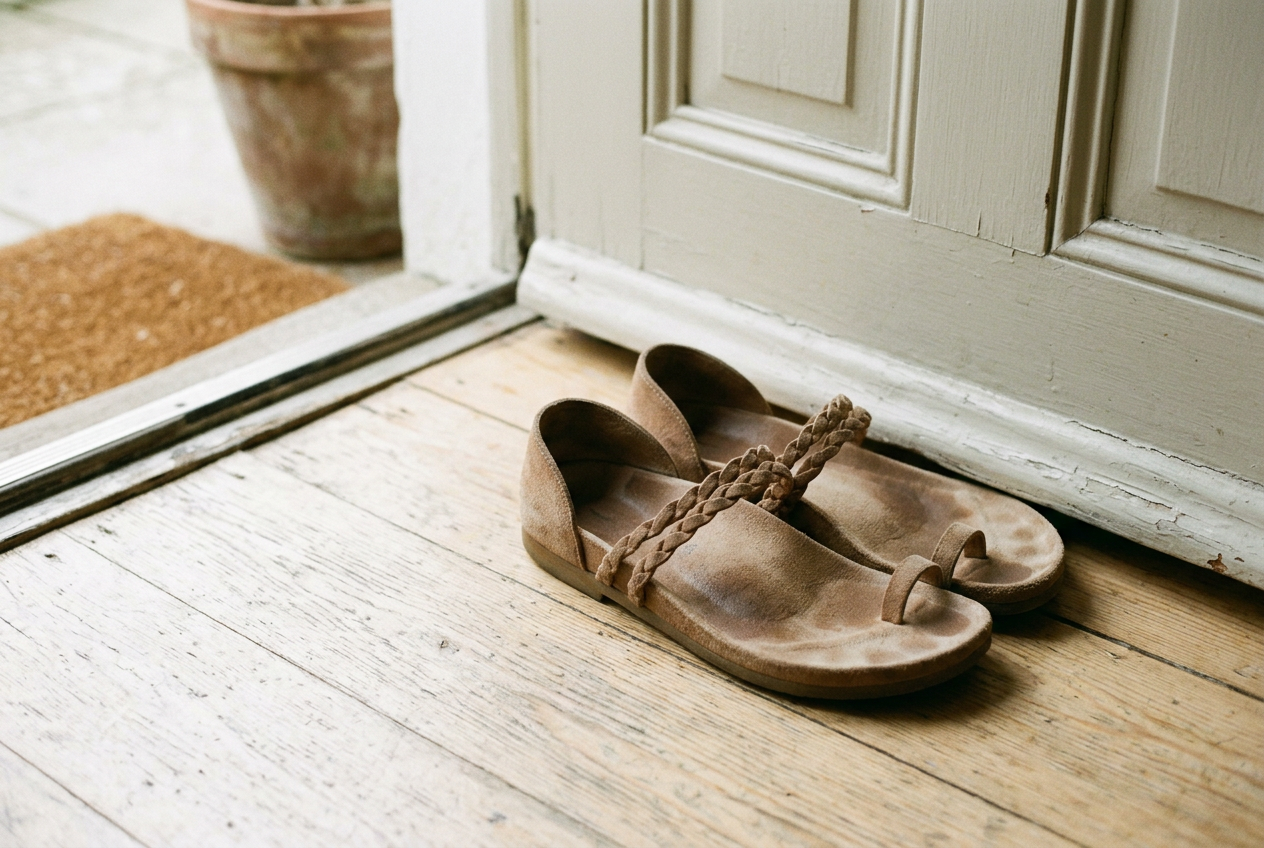 Leather two-strap sandals showing the raised cork footbed edge, toe bar and darkened suede wear marks.