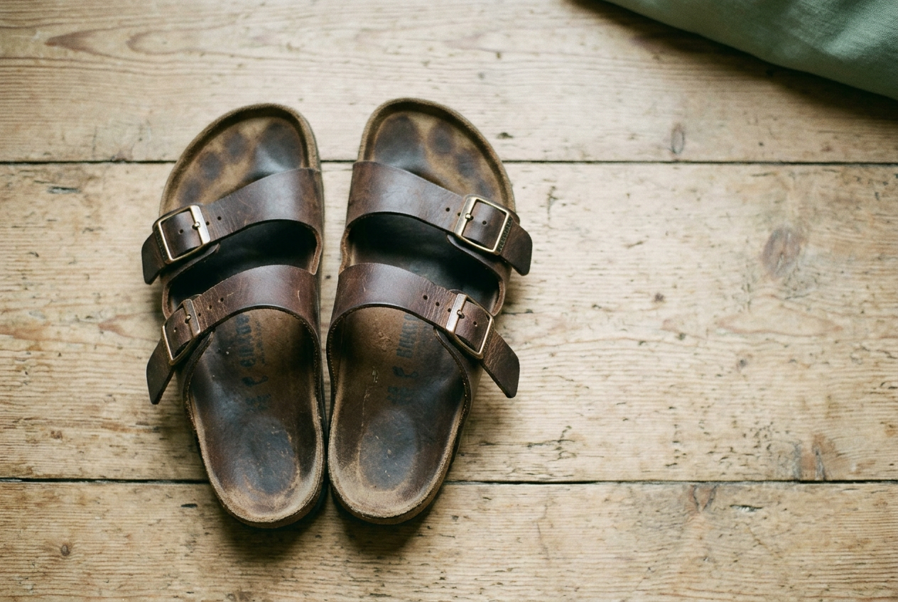Worn two-strap cork sandals showing darkened heel, toe and forefoot impressions on suede footbeds.