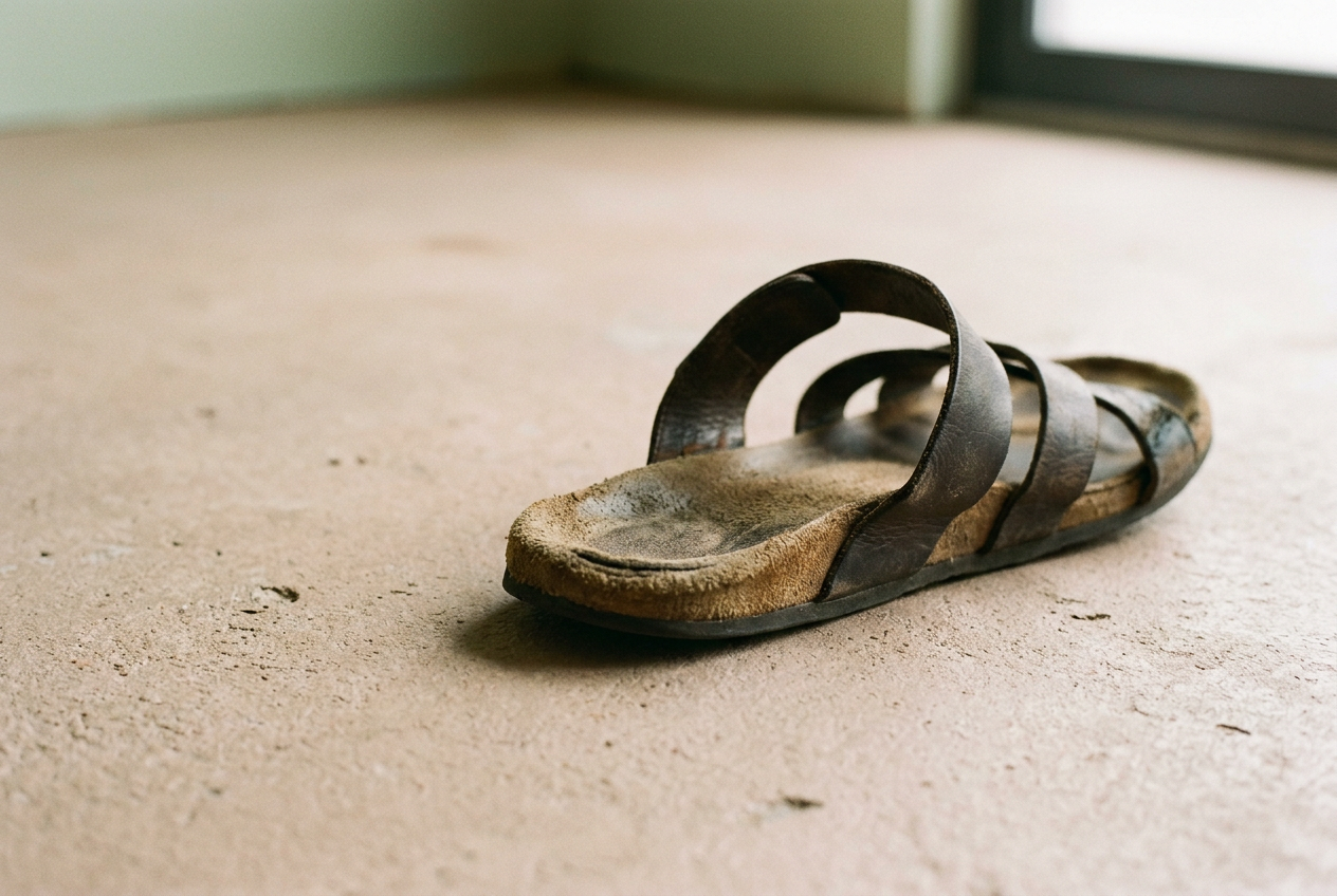 Close view of a two-buckle cork sandal showing a shallow heel imprint and the raised outer footbed rim.