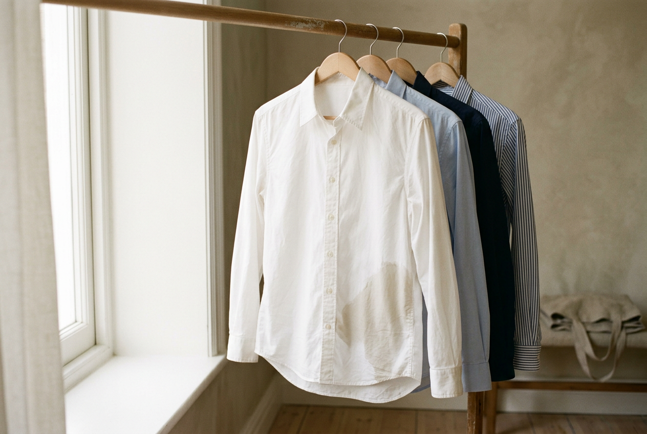White cotton poplin shirt beside pale blue, navy and striped fabric, showing dry and damp areas in daylight.