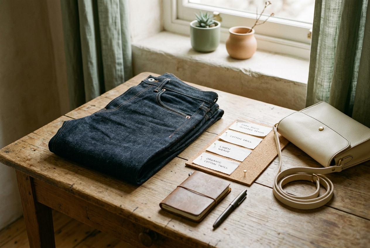 White cotton test cloths beside dark indigo jeans and an ivory leather crossbody bag.