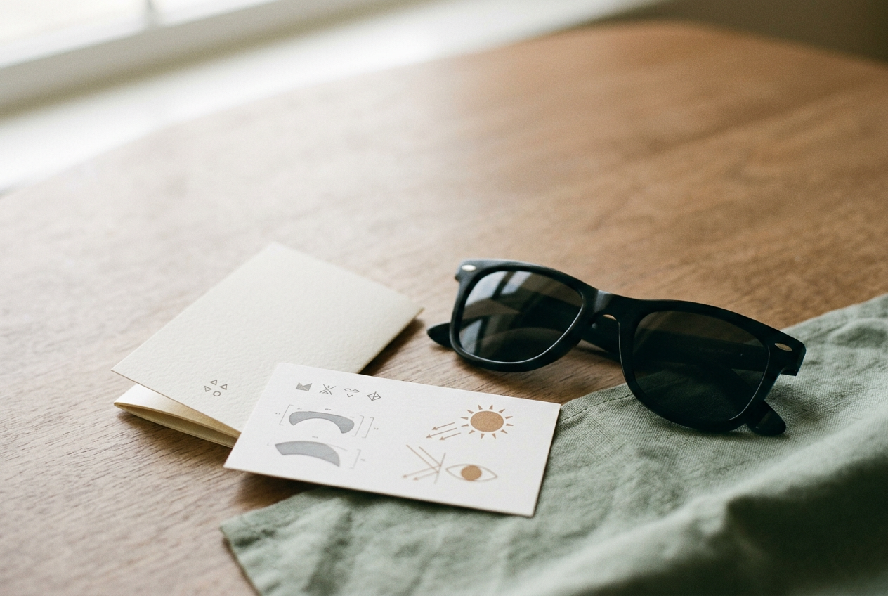 Black Wayfarer-style sunglasses beside an insert showing lens category, UV protection and polarization status.
