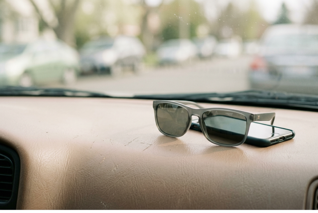 Gray polarized sunglasses beside a phone on the dashboard of a parked car, with bright water visible through the windshield.