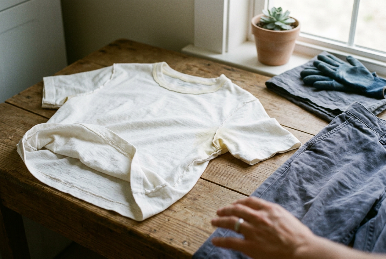 A white cotton crewneck turned inside out, showing waxy gray residue beside a pale yellow underarm stain.
