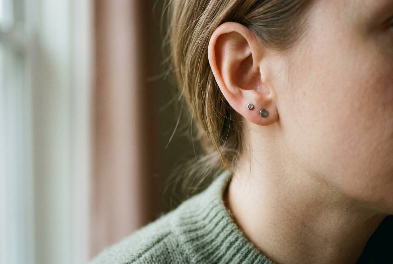Close view of a small titanium flat back stud showing modest clearance behind an upper earlobe.