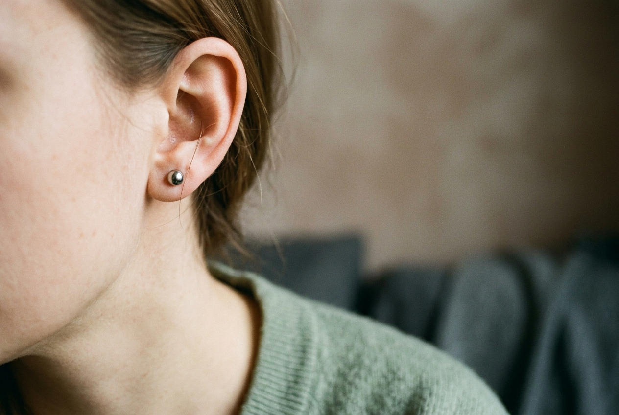 Close side view of a titanium flat back stud with a small length of post visible behind an upper earlobe.