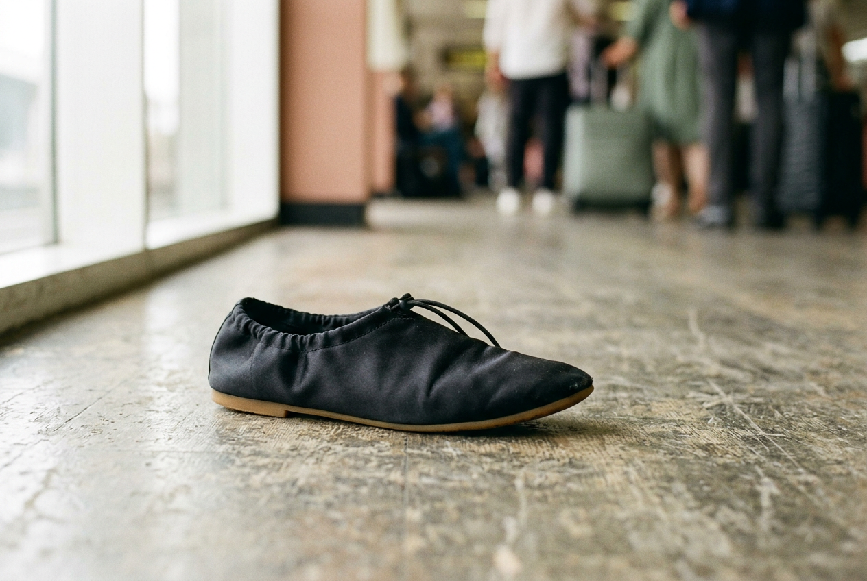 Black satin drawstring sneakerina on a station floor, showing its gathered upper and thin rubber sole.