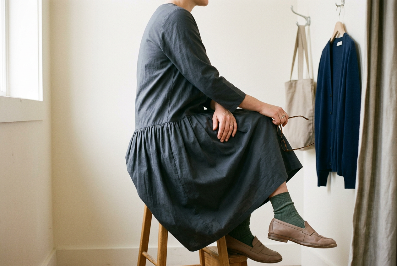 Seated fitting-room view of a blue cotton-poplin drop-waist dress, showing the fixed seam across the upper hip.