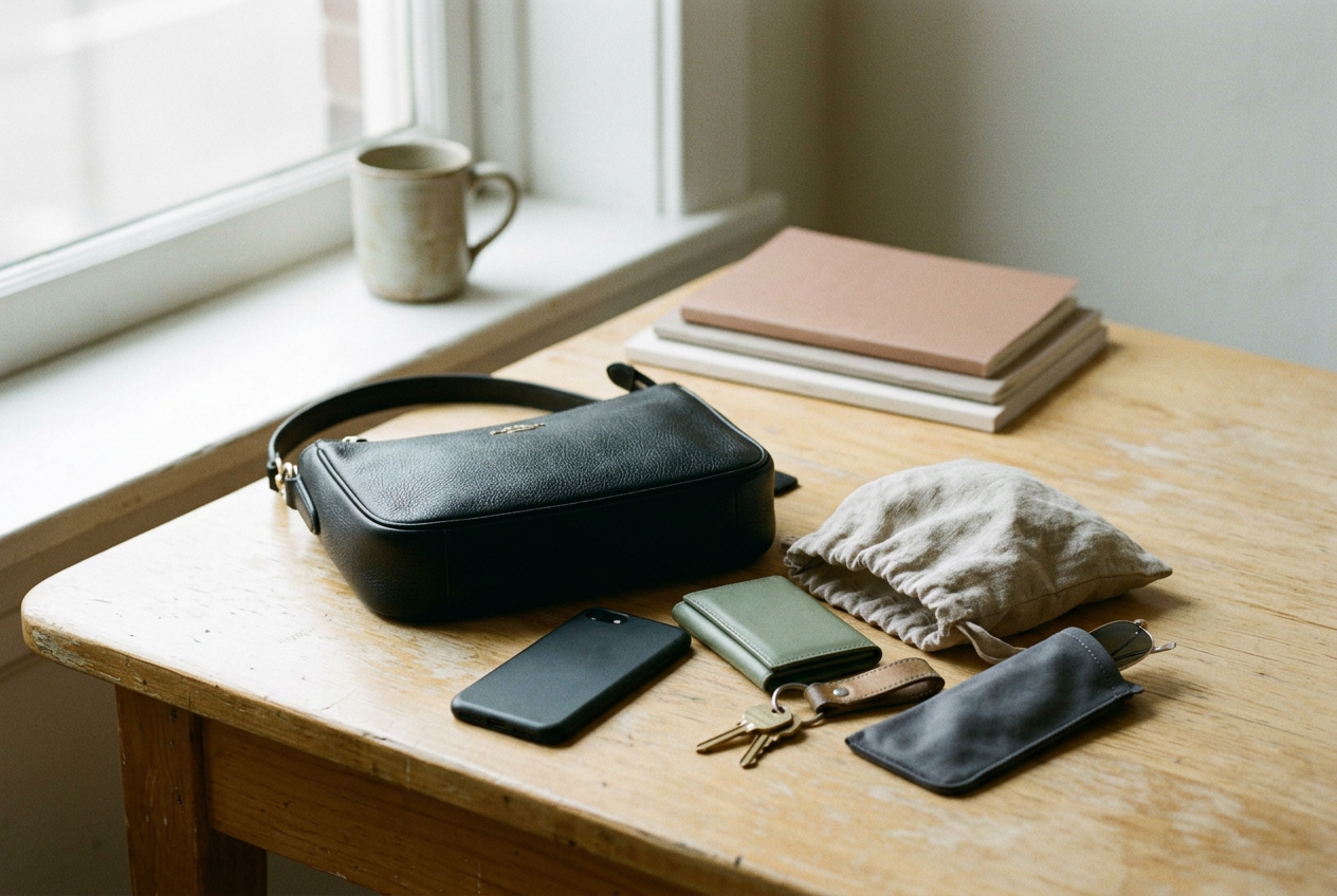 Black leather east-west shoulder bag packed with a phone, wallet, keys and slim sunglasses sleeve.