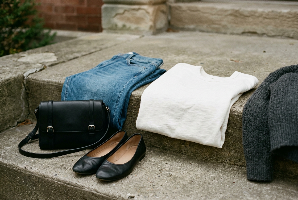Fall wardrobe still life with curved-leg jeans, a black silver-hardware bag, almond-toe flats and a folded white T-shirt