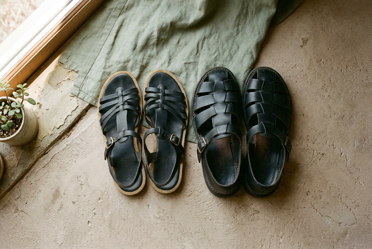 Black leather fisherman sandals showing narrow straps, open cage gaps and a small ankle buckle.