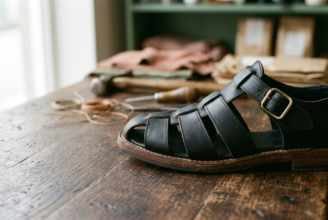 Black leather fisherman sandals showing stitched cage straps, metal buckles and welted leather soles.