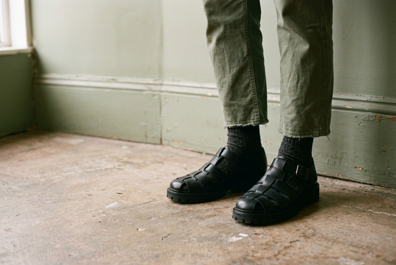 Black leather fisherman sandals with a closed cage toe and lug soles beside cropped trousers.