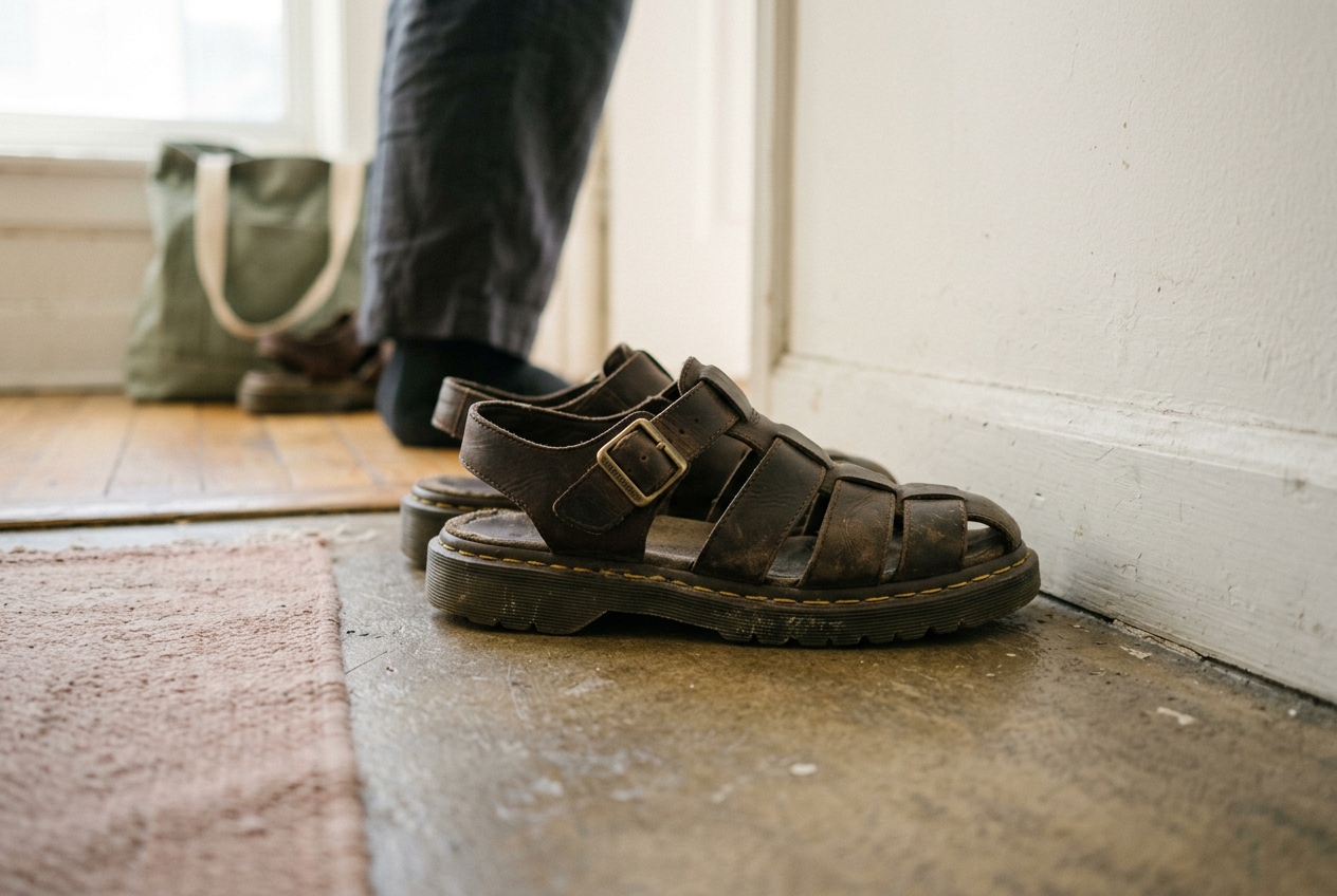 Dark brown leather fisherman sandals showing the woven toe, buckle and welt stitching beside a cropped trouser hem.