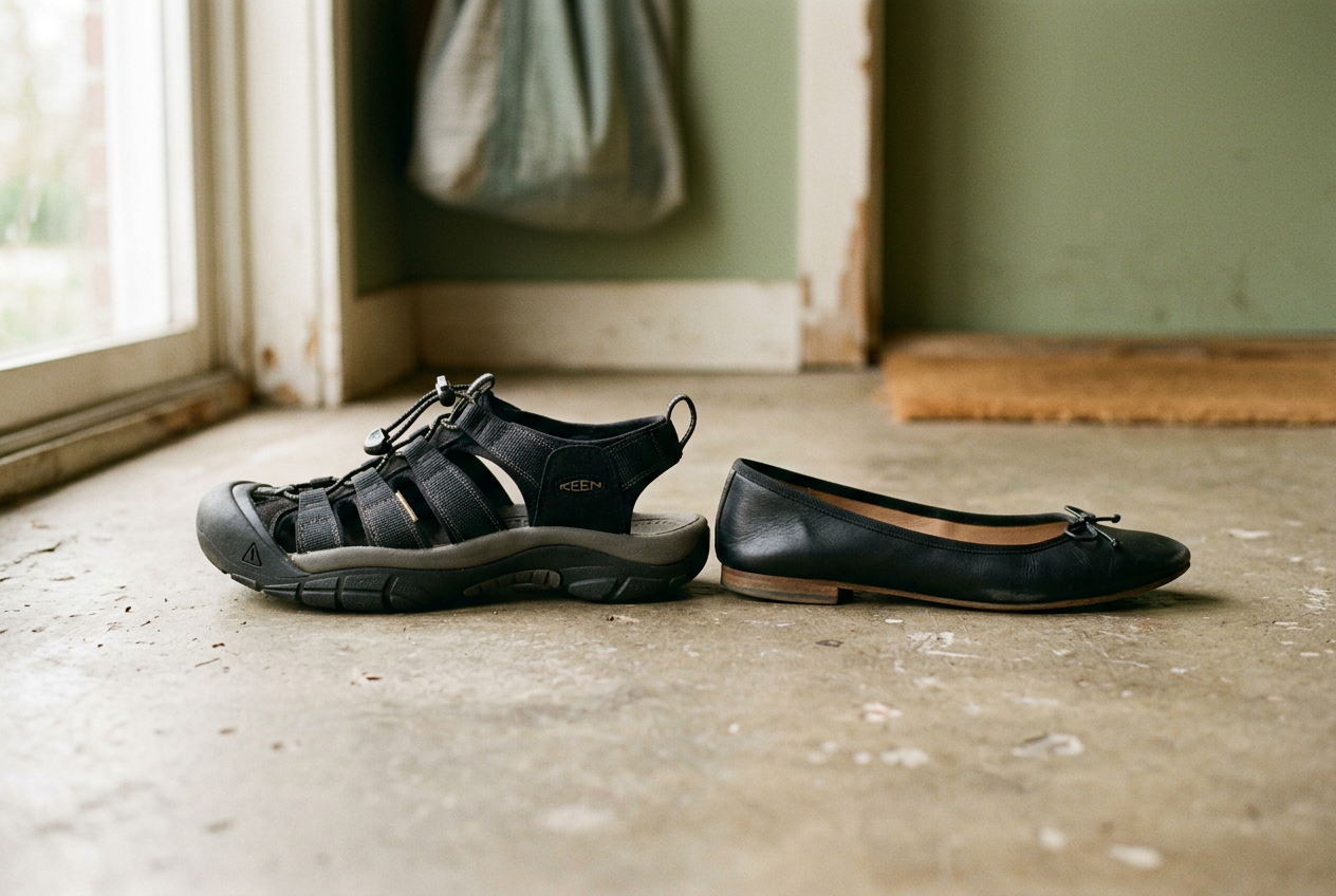 Black fisherman sandals beside slim ballet flats, showing the difference in toe coverage and sole thickness.