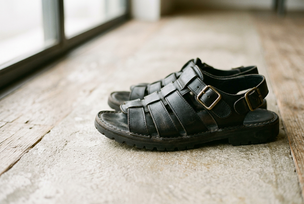 Black leather fisherman sandal showing woven forefoot straps and the raised lining seam beneath them.