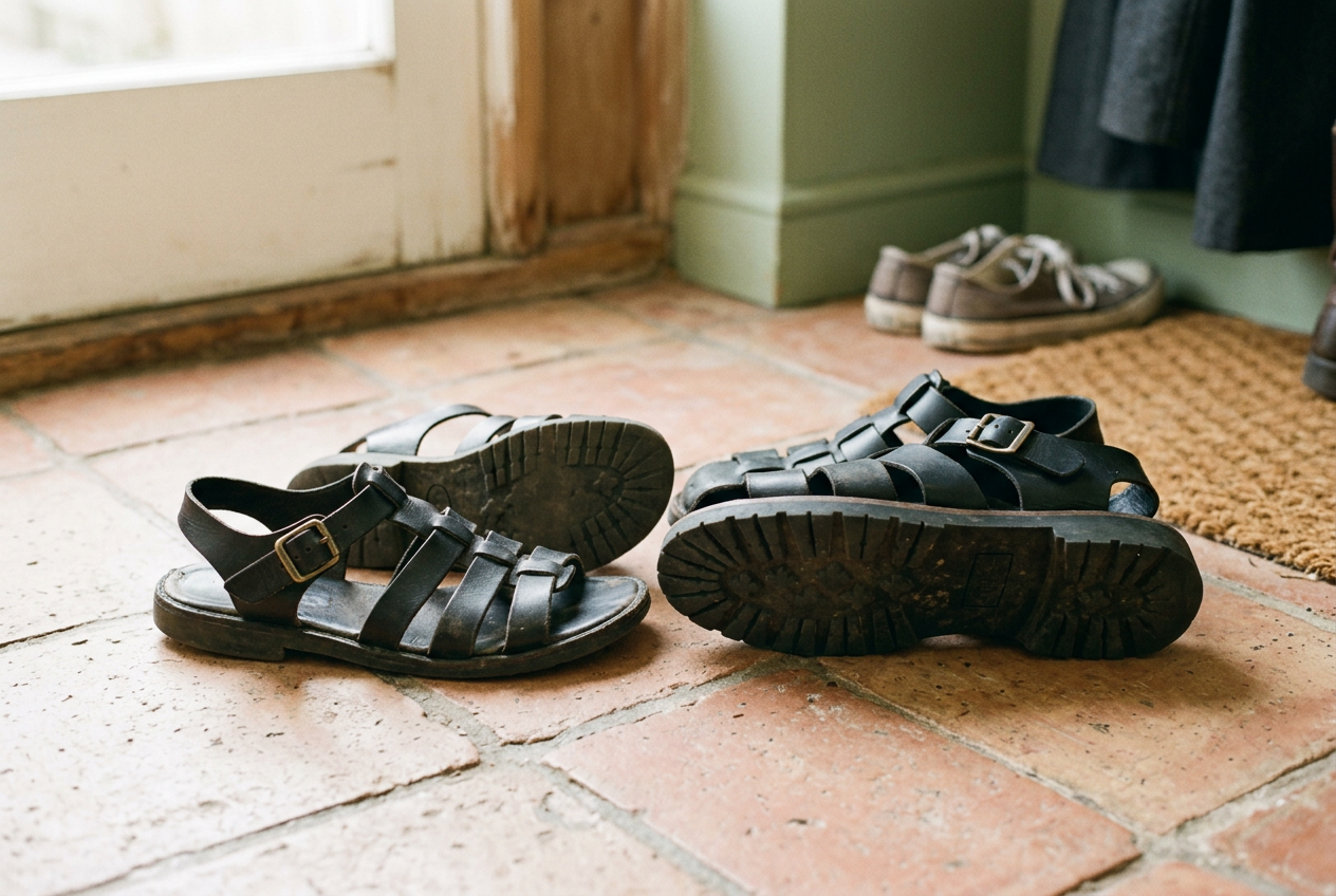 Close view of a black leather fisherman sandal with narrow woven straps, an ankle buckle, and a thin rubber sole.