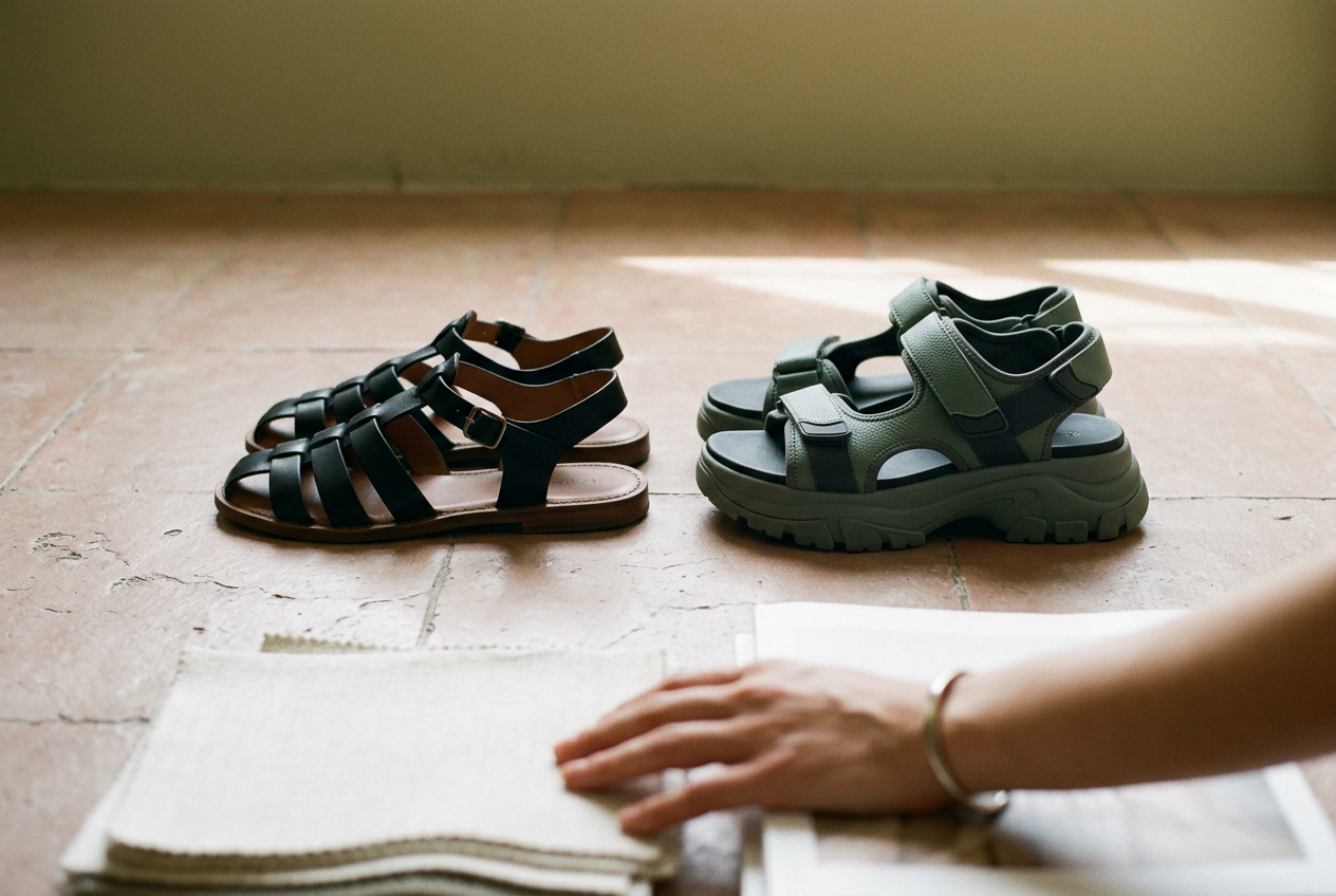 Black leather fisherman sandal beside a chunky molded version, showing their different strap widths and sole depths.