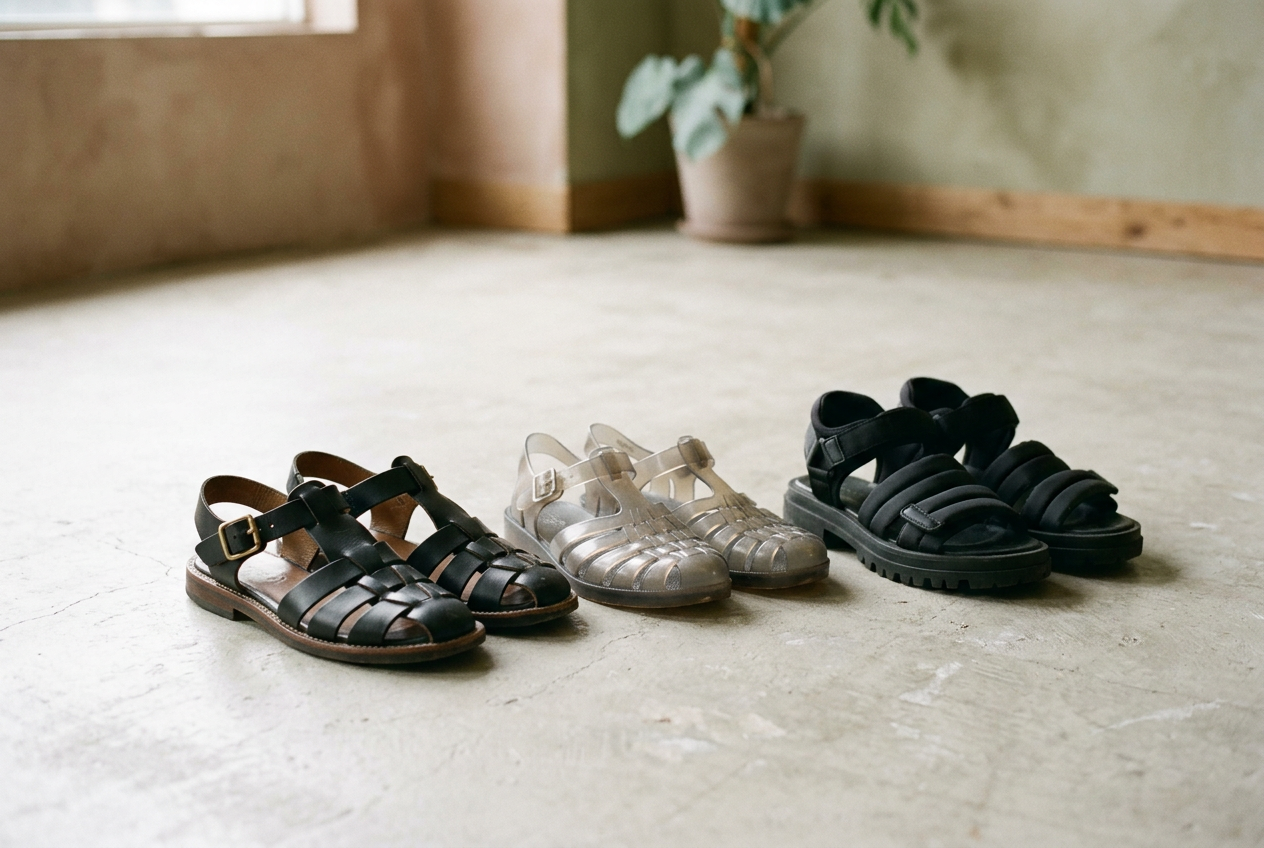Black leather fisherman sandals with a slim sole beside a translucent jelly pair and a padded hybrid pair.