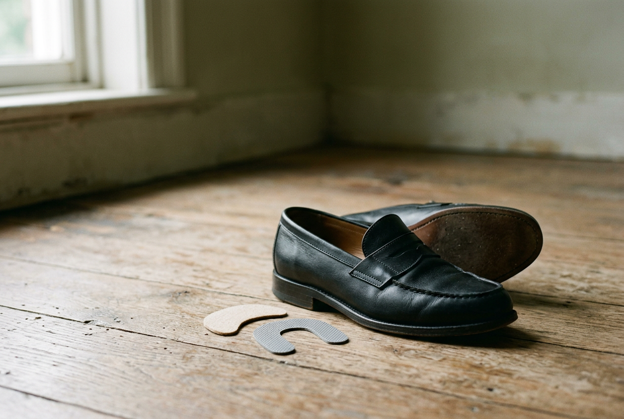 Black leather penny loafer shown with a thin tongue pad and heel grip beside the opening.