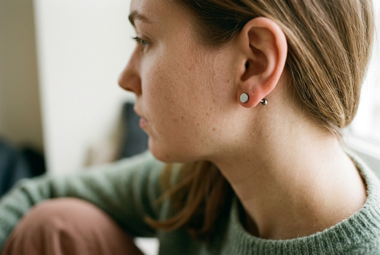 Close view of a titanium flat back stud with a small gap between its disc and a mildly puffy earlobe.