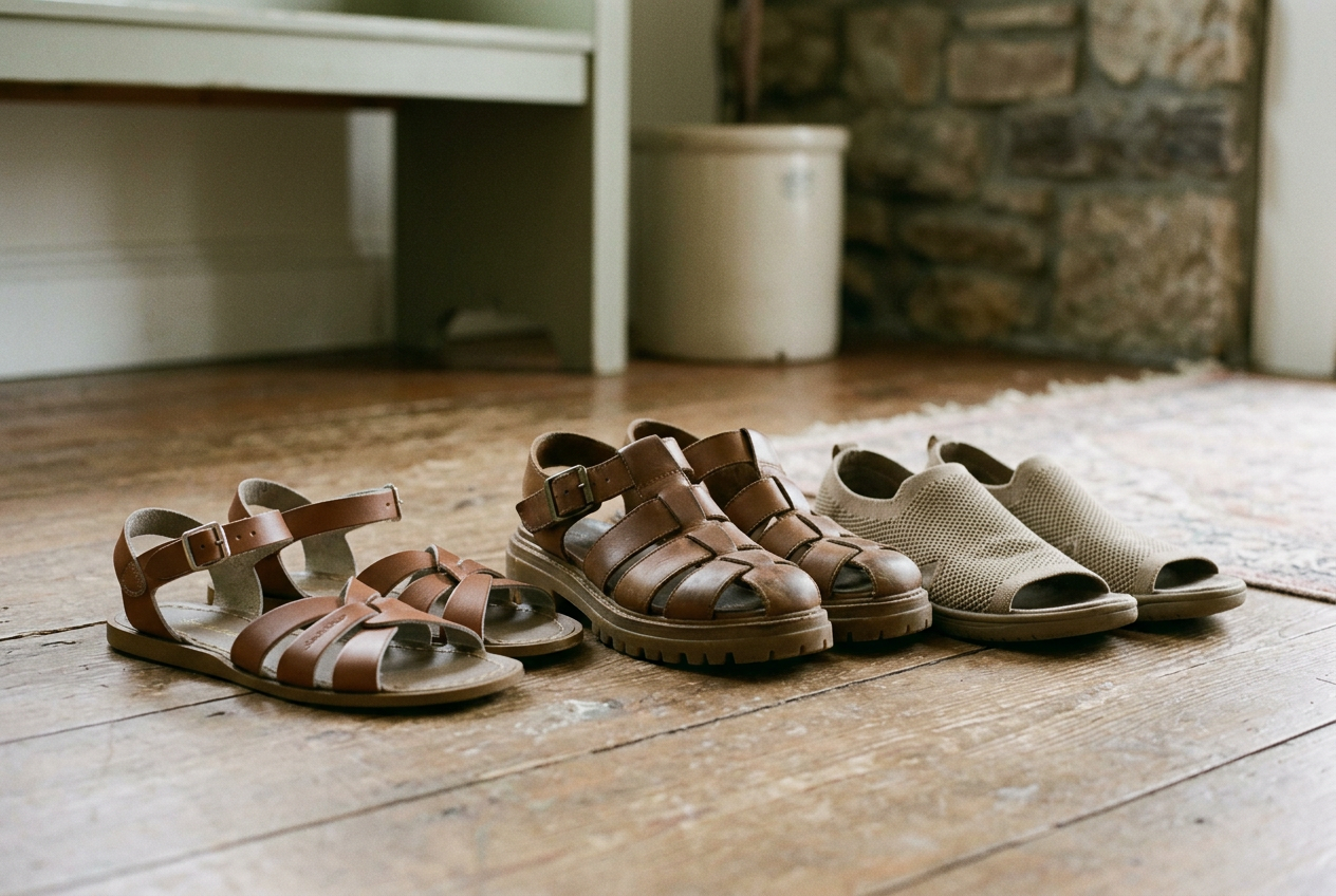 Flat brown leather fisherman sandals beside a chunky black pair and a woven cord sandal on a plain floor.