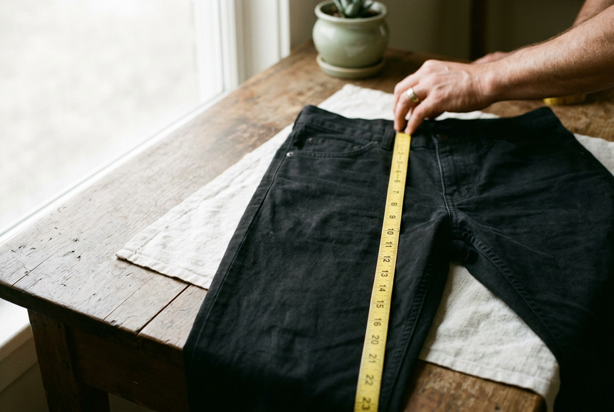 Black cotton-twill pants laid flat beside a tape measure and a handwritten four-measurement chart.