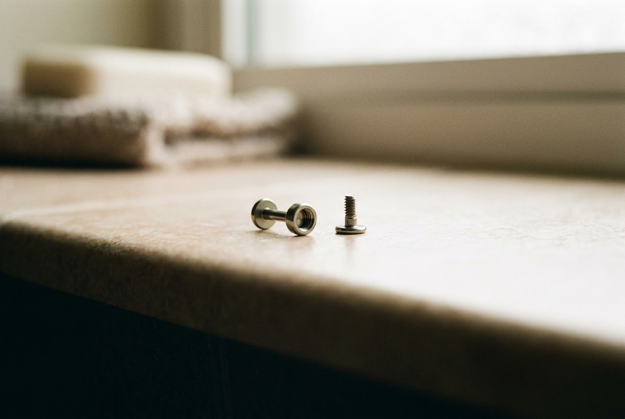 Close view of a titanium flat back stud showing a small gap between the polished bead and a second-lobe piercing.