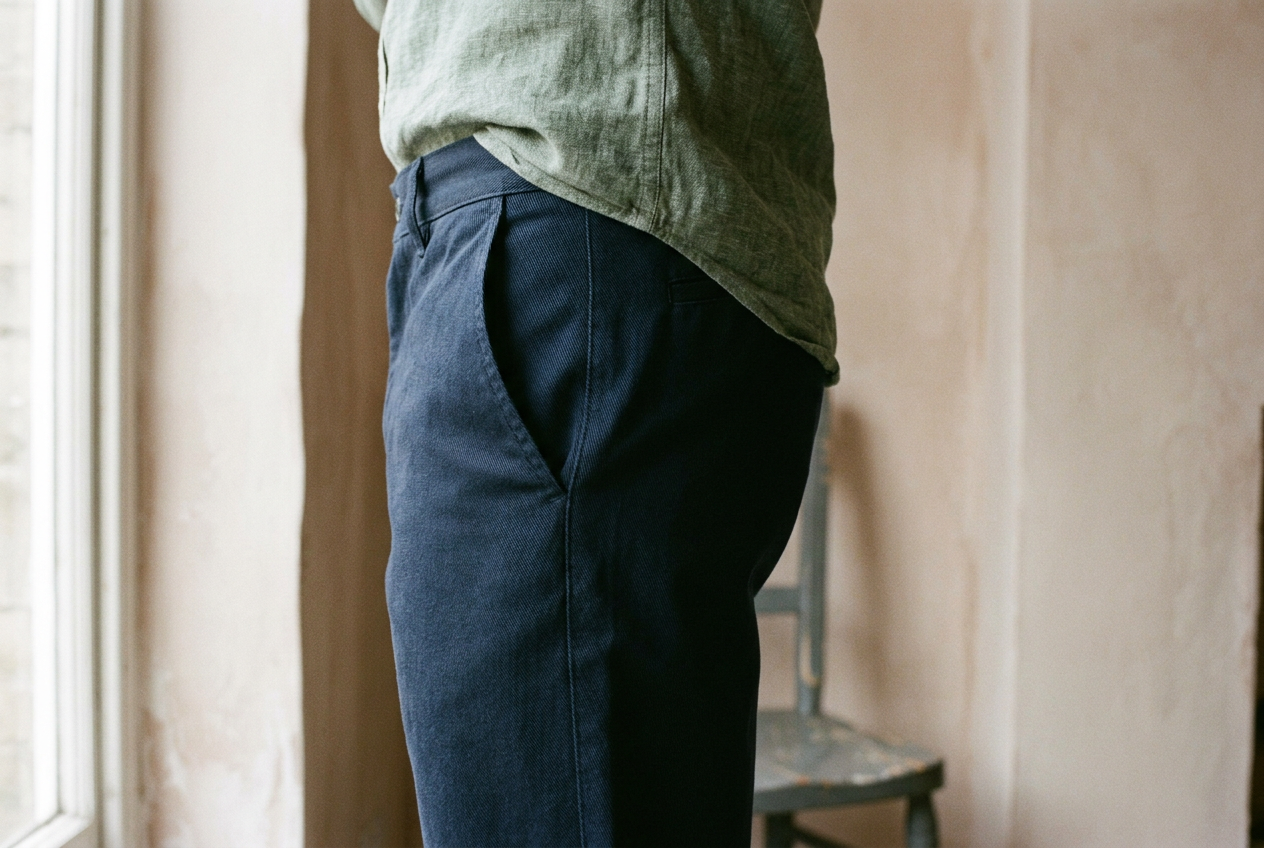 Close view of a diagonal trouser pocket lifting away from the hip on firm cotton twill.