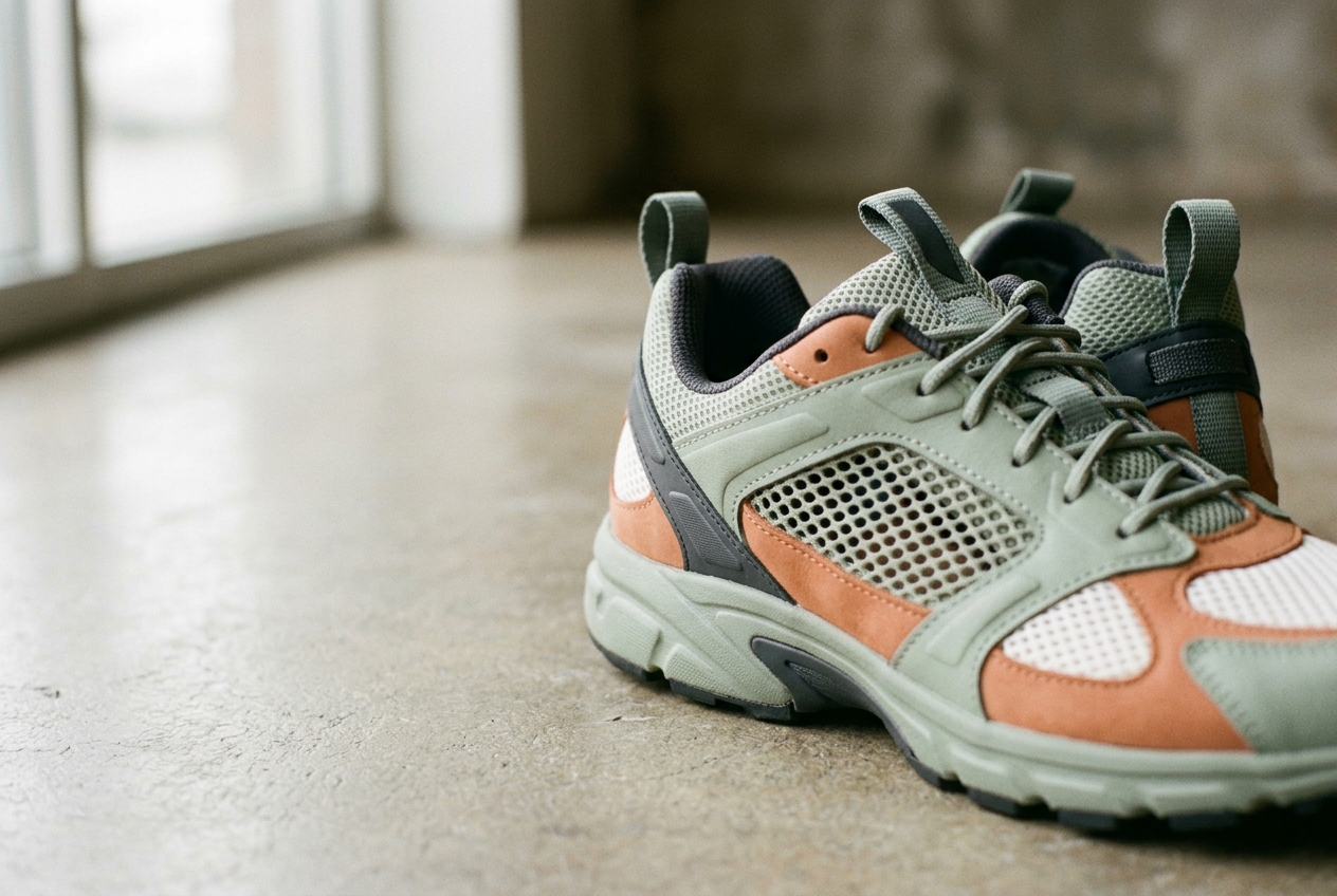 Close view of a mesh sneaker showing an open lacing window over the instep and locking loops at the collar.