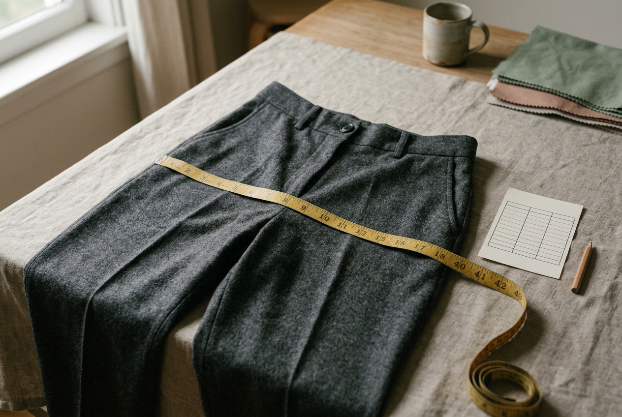 Measuring tape laid across the hip of high-waisted wool-blend trousers beside an open size chart.