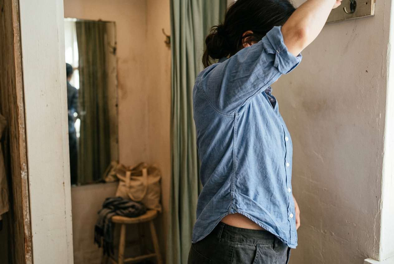 Person in a blue cotton-poplin shirt raising one arm while the untucked hem lifts at the side